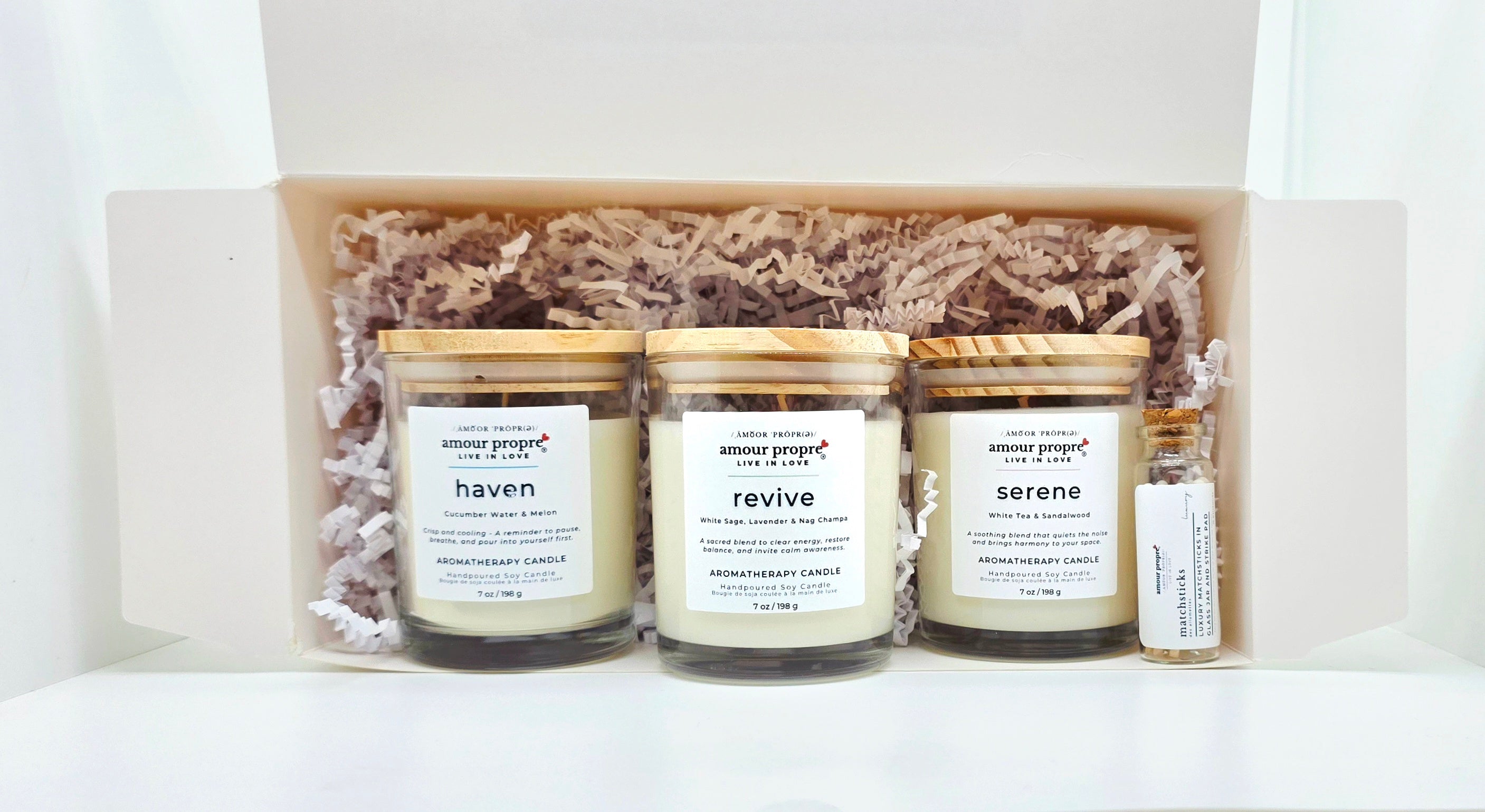 Amour Propre Aromatherapy Collection Trio - Serene, Haven, Revive Soy Candles