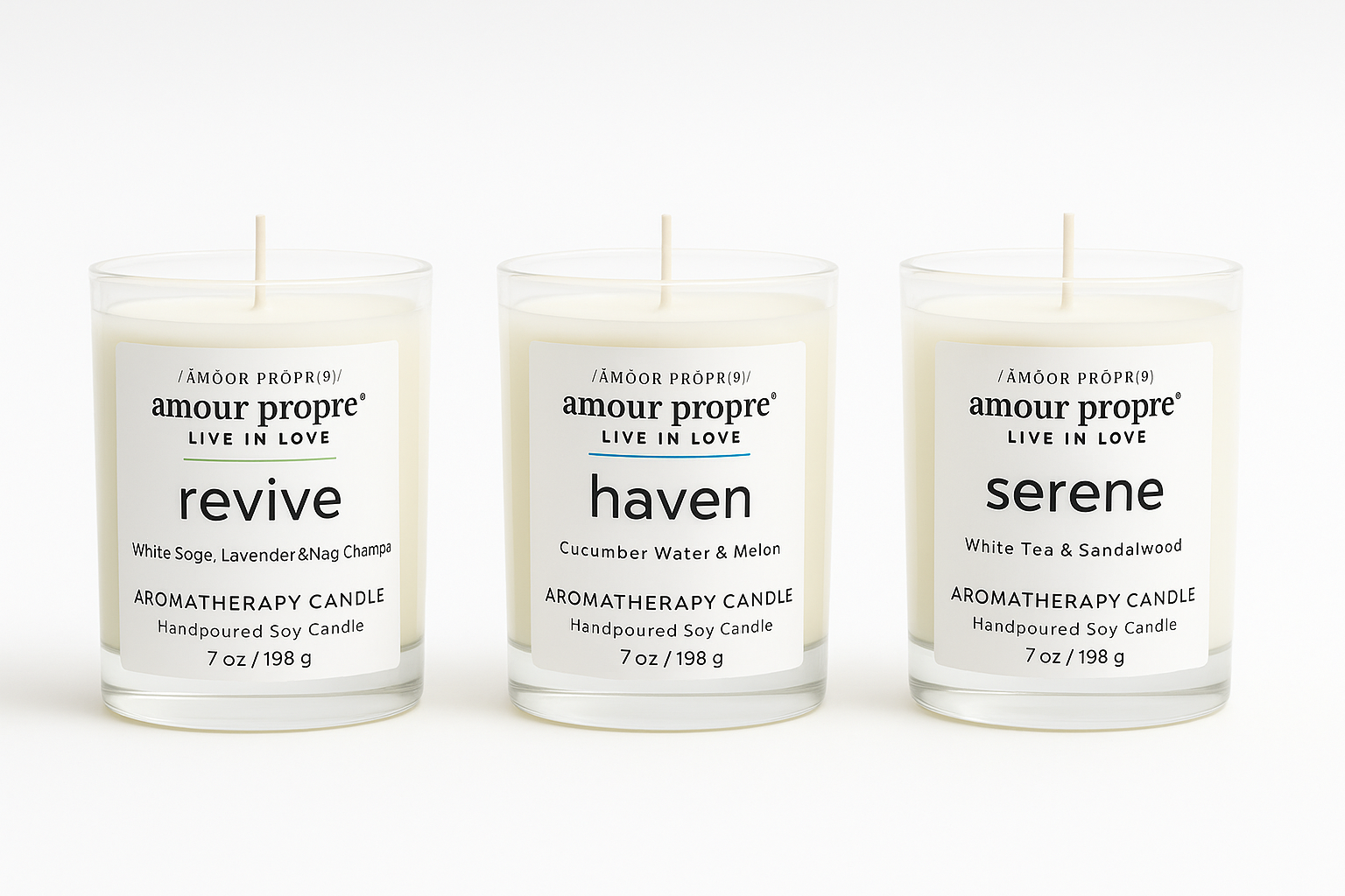 Amour Propre Aromatherapy Collection Trio - Serene, Haven, Revive Soy Candles